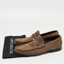 Salvatore Ferragamo  Grey Nubuck Leather Gancini Slip On Loafers Size 44.5