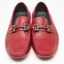 Pre Owned Salvatore Ferragamo Red Textured Leather Gancini Loafers Size 41