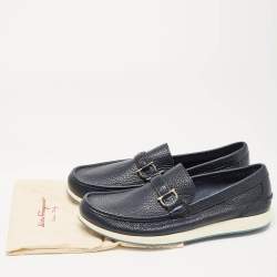 Pre Owned Salvatore Ferragamo Navy Blue Leather Rieti Gancini Loafers Size 44.5
