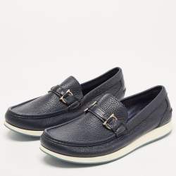 Pre Owned Salvatore Ferragamo Navy Blue Leather Rieti Gancini Loafers Size 44.5