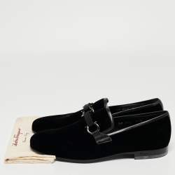 Pre Owned Salvatore Ferragamo Black Velvet and Leather Gancini Slip On Loafers Size 43
