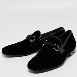 Pre Owned Salvatore Ferragamo Black Velvet and Leather Gancini Slip On Loafers Size 43