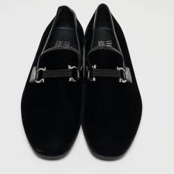 Pre Owned Salvatore Ferragamo Black Velvet and Leather Gancini Slip On Loafers Size 43