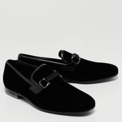 Pre Owned Salvatore Ferragamo Black Velvet and Leather Gancini Slip On Loafers Size 43