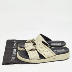 Salvatore Ferragamo Green Ostrich Leather Lufti Flat Slides Size 43