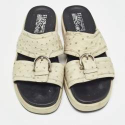 Salvatore Ferragamo Green Ostrich Leather Lufti Flat Slides Size 43