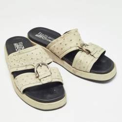 Salvatore Ferragamo Green Ostrich Leather Lufti Flat Slides Size 43