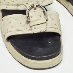 Salvatore Ferragamo Green Ostrich Leather Lufti Flat Slides Size 43
