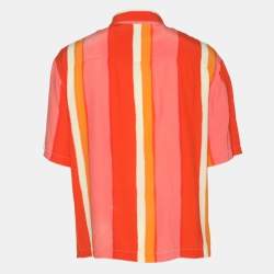 Pre Owned Sandro Orange Flowing Striped Crepe Short Sleeve Shirt M