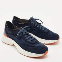 Santoni Navy Blue Suede Bounce Low Top Sneakers Size 45