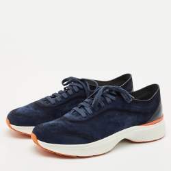 Santoni Navy Blue Suede Bounce Low Top Sneakers Size 45