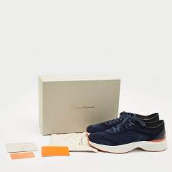 Santoni Navy Blue Suede Bounce Low Top Sneakers Size 45