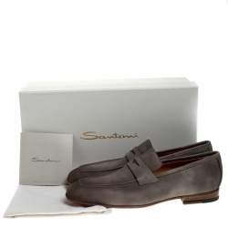 Santoni Grey Nubuck Leather Penny Slip On Loafers Size 41.5