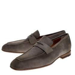 Santoni Grey Nubuck Leather Penny Slip On Loafers Size 41.5