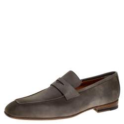 Santoni Grey Nubuck Leather Penny Slip On Loafers Size 41.5