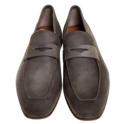 Santoni Grey Nubuck Leather Penny Slip On Loafers Size 41.5