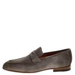 Santoni Grey Nubuck Leather Penny Slip On Loafers Size 41.5