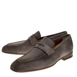 Santoni Grey Nubuck Leather Penny Slip On Loafers Size 43