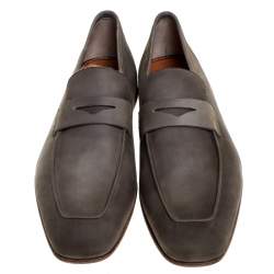 Santoni Grey Nubuck Leather Penny Slip On Loafers Size 43