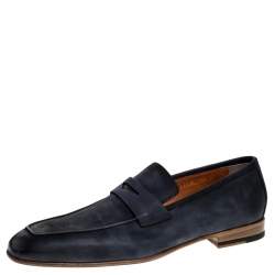 Pre Owned Santoni Blue Nubuck Leather Penny Slip On Loafers Size 44