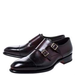 Pre Owned Santoni Burgundy Leather Double Buckle Monk Derby Size 44