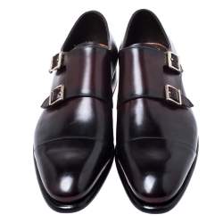 Santoni Burgundy Leather Double Buckle Monk Derby Size 44.5