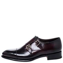 Santoni Burgundy Leather Double Buckle Monk Derby Size 44.5
