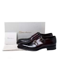 Pre Owned Santoni Burgundy Leather Double Buckle Derby Monk Size 43