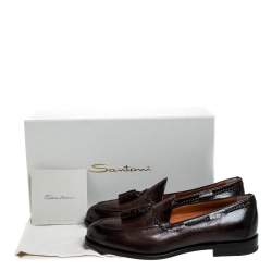 Santoni Brown Leather Tassel Detail Slip On Loafers Size 40