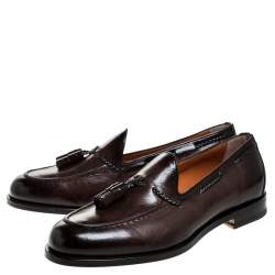 Pre Owned Santoni Brown Leather Tassel Detail Slip On Loafers Size 42