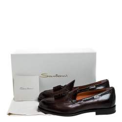 Pre Owned Santoni Brown Leather Tassel Detail Slip On Loafers Size 42