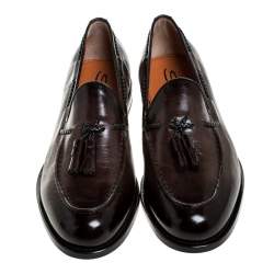 Santoni Brown Leather Tassel Detail Slip On Loafers Size 40.5