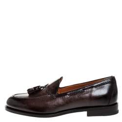 Santoni Brown Leather Tassel Detail Slip On Loafers Size 40.5