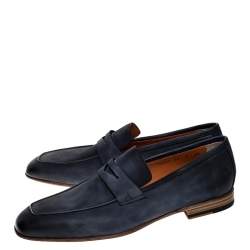 مملوكة مسبقًا Santoni Blue Nubuck Leather Penny Slip On Loafers Size 42.5