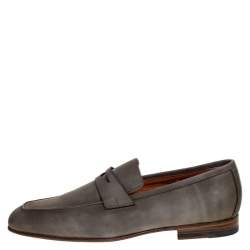Pre Owned Santoni Grey Nubuck Leather Penny Slip On Loafers Size 41