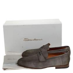 Pre Owned Santoni Grey Nubuck Leather Penny Slip On Loafers Size 41