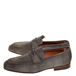 Pre Owned Santoni Grey Nubuck Leather Penny Slip On Loafers Size 41