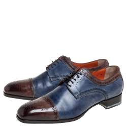 Santoni Blue/Brown Brogue Leather Lace Up Derby Size 43