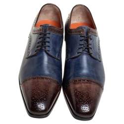 Santoni Blue/Brown Brogue Leather Lace Up Derby Size 43