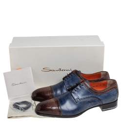 Santoni Blue/Brown Brogue Leather Lace Up Derby Size 43