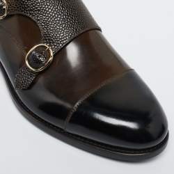 Santoni Brown/Black Lizard Embossed And Leather Double Buckle Monk Derby Size 43