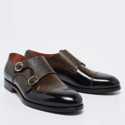 Santoni Brown/Black Lizard Embossed And Leather Double Buckle Monk Derby Size 43