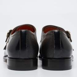 Santoni Brown/Black Lizard Embossed And Leather Double Buckle Monk Derby Size 43
