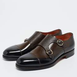 Santoni Brown/Black Lizard Embossed And Leather Double Buckle Monk Derby Size 43