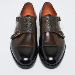 Santoni Brown/Black Lizard Embossed And Leather Double Buckle Monk Derby Size 43