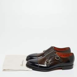 Santoni Brown/Black Lizard Embossed And Leather Double Buckle Monk Derby Size 43