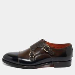 Santoni Brown/Black Lizard Embossed And Leather Double Buckle Monk Derby Size 43