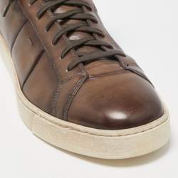 Santoni Brown Leather And Fur High Top Sneakers Size 44