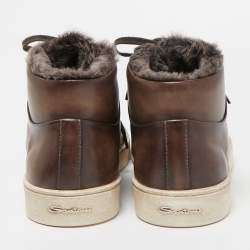 Santoni Brown Leather And Fur High Top Sneakers Size 44