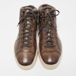Santoni Brown Leather And Fur High Top Sneakers Size 44
